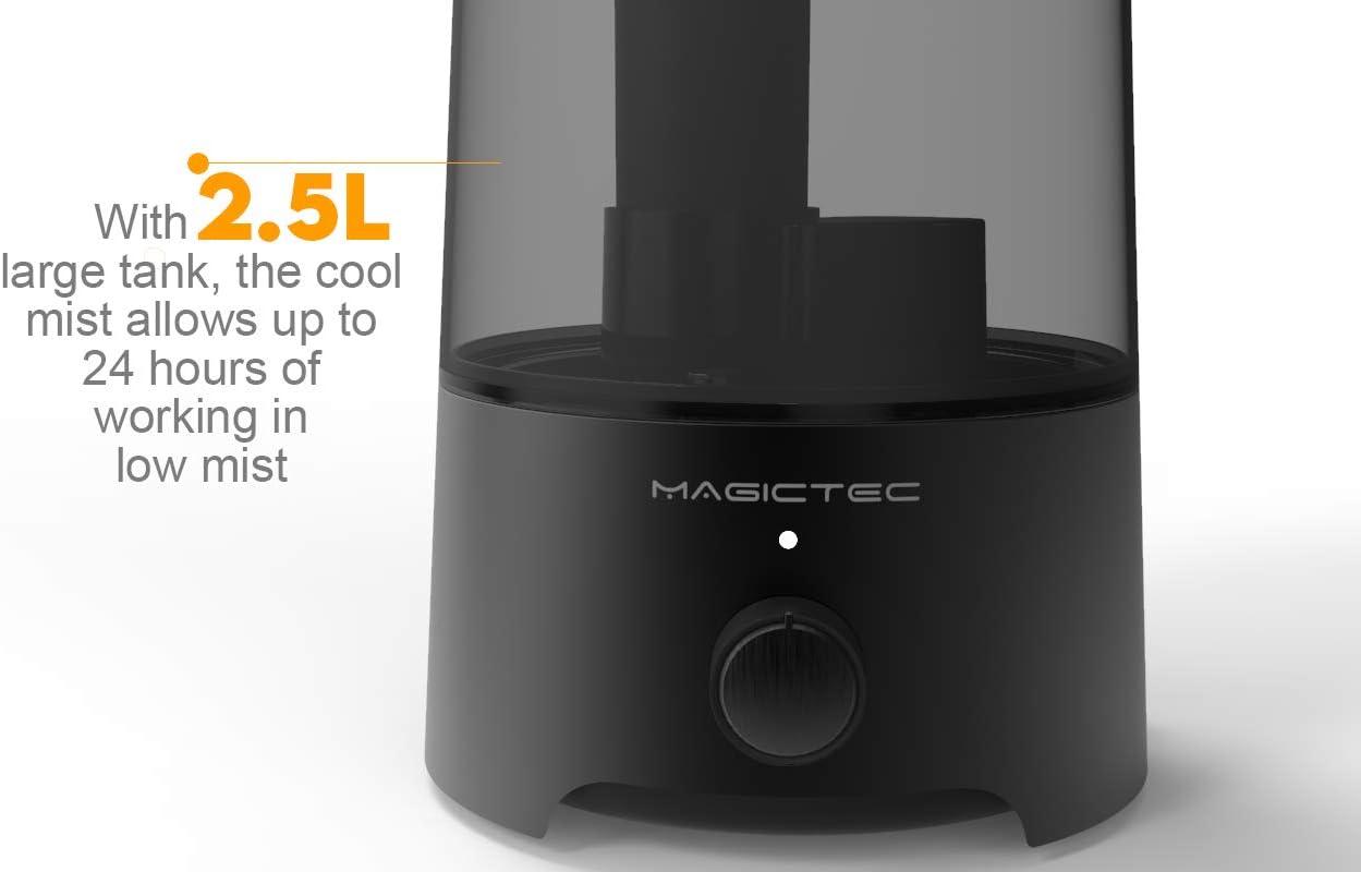 Cool Mist Humidifier, Magictec 2.5L Bedroom Essential Humidifier Diffuser, Baby Humidifier with Adjustable Mist Output, Auto Shut Off, Super Quiet 360° Nozzle- Lasts Up to 24 Hours BLACK